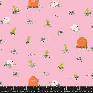 May include: Pink fabric with a repeating pattern of green grass, orange tombstones with the text "RIP", white skulls with black eyes, and green zombie hands reaching out of the ground.
