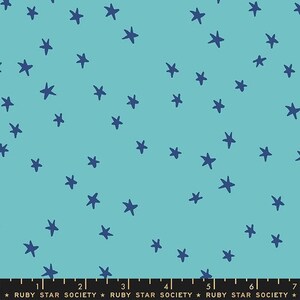 Può includere: Un tessuto blu turchese con un motivo ripetitivo di stelle blu scuro. Il tessuto ha un righello stampato in basso con il testo "RUBY STAR SOCIETY" ripetuto.