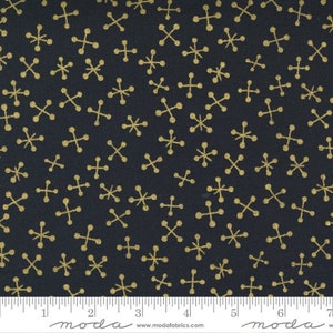 May include: Black fabric with a repeating pattern of gold glitter stars. The fabric is a cotton blend and is ideal for quilting, crafts, and home decor projects.