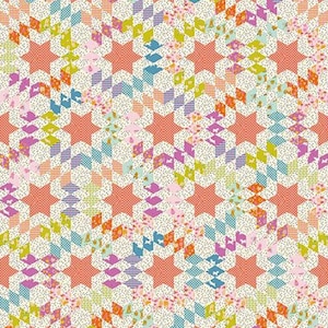 Puede incluir: Un patrón de tela colorido con un diseño repetitivo de estrellas coral y formas geométricas. El patrón incorpora varios colores, incluyendo azul, verde, morado y naranja, sobre un fondo crema. Adecuado para proyectos de acolchado o manualidades.