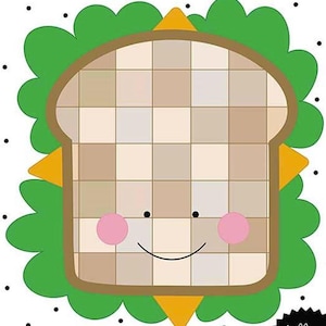 Puede incluir: Ilustración de un sándwich sonriente. El sándwich presenta un patrón a cuadros, lechuga verde y triángulos naranjas. Círculos rosas representan las mejillas, y puntos negros forman los ojos y la boca.
