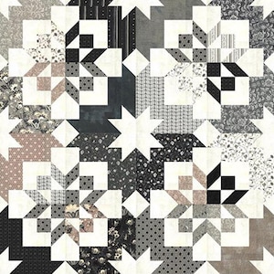 以下が含まれることがあります： 星柄が繰り返されるパッチワークキルト。白、グレー、黒、タンの色合いの様々な生地を使用しています。デザインには、花柄、水玉模様、幾何学模様が含まれており、視覚的に複雑で質感のある表面を作り出しています。