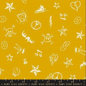 Teddy e os Ursos por Sarah Watts - Moda Fabrics - Groupie GOLDENROD - Rabiscos de Rock em Amarelo - RS210414G - Incrementos de Meio Metro