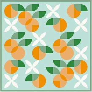 May include: A square pattern with a repeating design of orange fruit segments, green leaves, and white flower shapes on a light blue background. The design has a geometric, modern aesthetic with a green border.