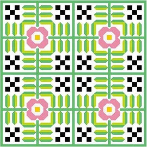 May include: A symmetrical geometric pattern with a grid of green and white lines, pink flower shapes, and black and white square accents. The repeating motif creates a balanced and visually appealing design, suitable for various applications.