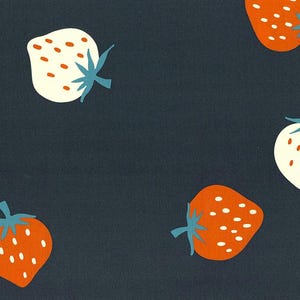 May include: A dark navy background featuring a repeating pattern of strawberries. The strawberries are in two colours: white with orange seeds and orange with white seeds. Each strawberry has a blue-green stem.