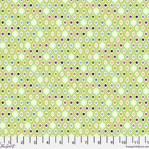 May include: A fabric with a repeating pattern of green, cream, and colorful dots. The design features a series of interconnected teardrop shapes in green, with cream-colored circles at the center. The dots are in shades of purple, blue, pink, and brown. The fabric has a ruler along the bottom edge.