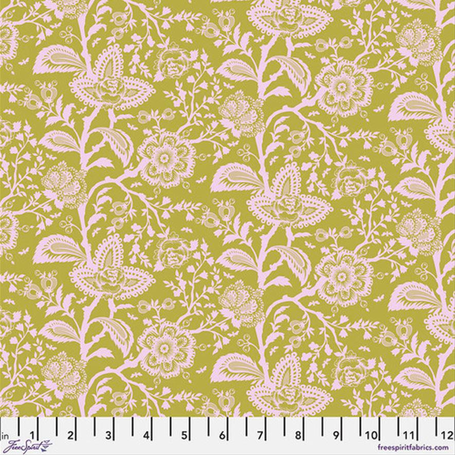 Parisville Deja Vu by Tula Pink for FreeSpirit - Pink Flowers on Olive - French Lace HAZELNUT - PWTP193.HAZELNUT - Half Yard Increments
