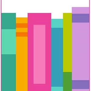 May include: An abstract image of a row of books in various bright colours. The books are depicted in teal, orange, pink, blue, green, and purple. The image has a clean, modern aesthetic, suitable for a library or bookstore.