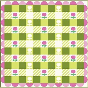 May include: A square, patterned design featuring a grid of green, white, and light green squares and diagonal stripes. Pink and white flower illustrations are evenly spaced throughout the design. The border is pink with a scalloped edge.