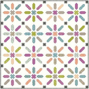 May include: A white quilt with a repeating pattern of starbursts and geometric shapes in various colors. The quilt features shades of pink, green, blue, and peach, with a border of small black stars.