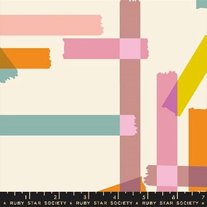 May include: Abstract fabric design featuring overlapping rectangular shapes in shades of pink, orange, teal, and yellow on a cream background. The design includes a black ruler with the text "RUBY STAR SOCIETY".