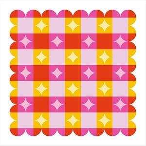 May include: A colorful, patterned design featuring a grid of red, pink, and yellow squares. Each square contains a star-shaped design. The border has a scalloped edge. The overall design is bright and cheerful.