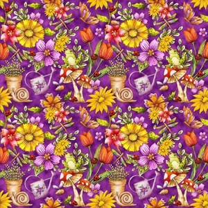 May include: A purple background with a repeating pattern of yellow flowers, green leaves, red ladybugs, orange tulips, purple flowers, green frogs, brown snails, and white watering cans. The pattern is surrounded by a white border.