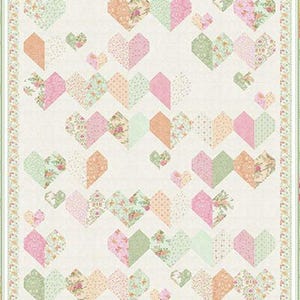 May include: A patchwork quilt featuring a repeating heart pattern in shades of pink, peach, and green on a cream background. The hearts are made of various floral and patterned fabrics, with a floral border.
