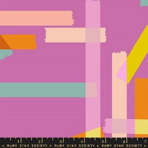 Puede incluir: Diseño de tela abstracta con rectángulos superpuestos en tonos rosa, naranja, amarillo y turquesa sobre un fondo morado. El diseño incluye el texto "RUBY STAR SOCIETY" en la parte inferior.