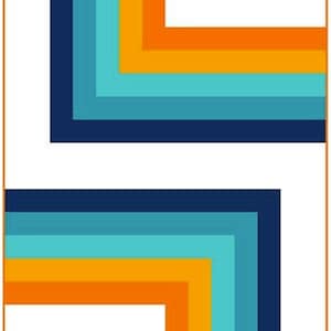 Peut inclure: Design géométrique abstrait avec deux blocs en forme de L en miroir. Chaque bloc est composé de rectangles superposés dans des tons bleu marine, sarcelle, bleu clair, orange et jaune, sur fond blanc.