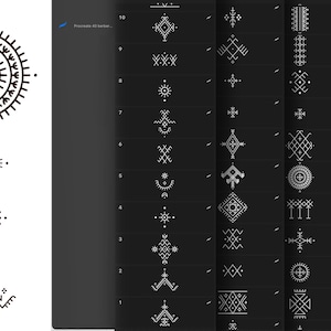 Peut inclure: Un ensemble de 10 motifs géométriques tribaux imprimables en noir et blanc. Les motifs sont disposés en lignes et en colonnes sur un fond noir. Les motifs sont simples et élégants, et seraient parfaits pour une utilisation dans une variété de projets de design.