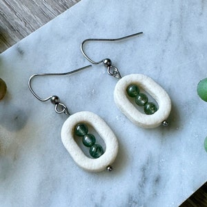 Moss Agate Real Green and Clear Crystal Stone Beads with Cream Oval Polymer Clay Frame Handmade Stainless Steel Fish Hook Dangle Earrings