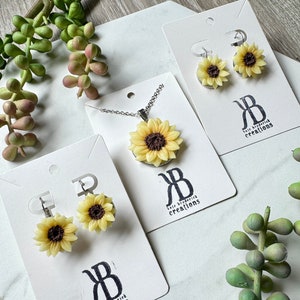 Sunflower Hand Sculpted Butter Yellow Procut Sunnie Polymer Clay Handmade Stainless Steel Tray Back Necklace and Lever Back Earrings