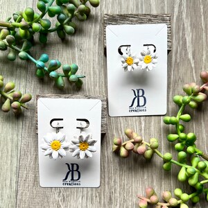 Shasta Daisy Hand Sculpted White and Yellow Polymer Clay Handmade Stainless Steel Leverback Dangle Earrings