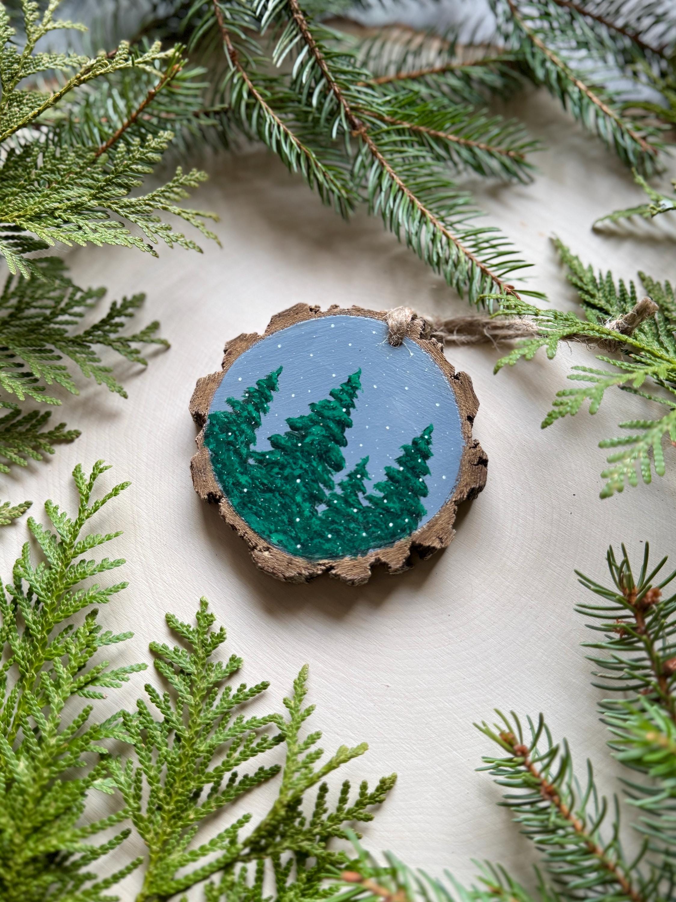 Hand Painted Snow and Green Pine Tree Treeline With Gray Snowy Sky ...
