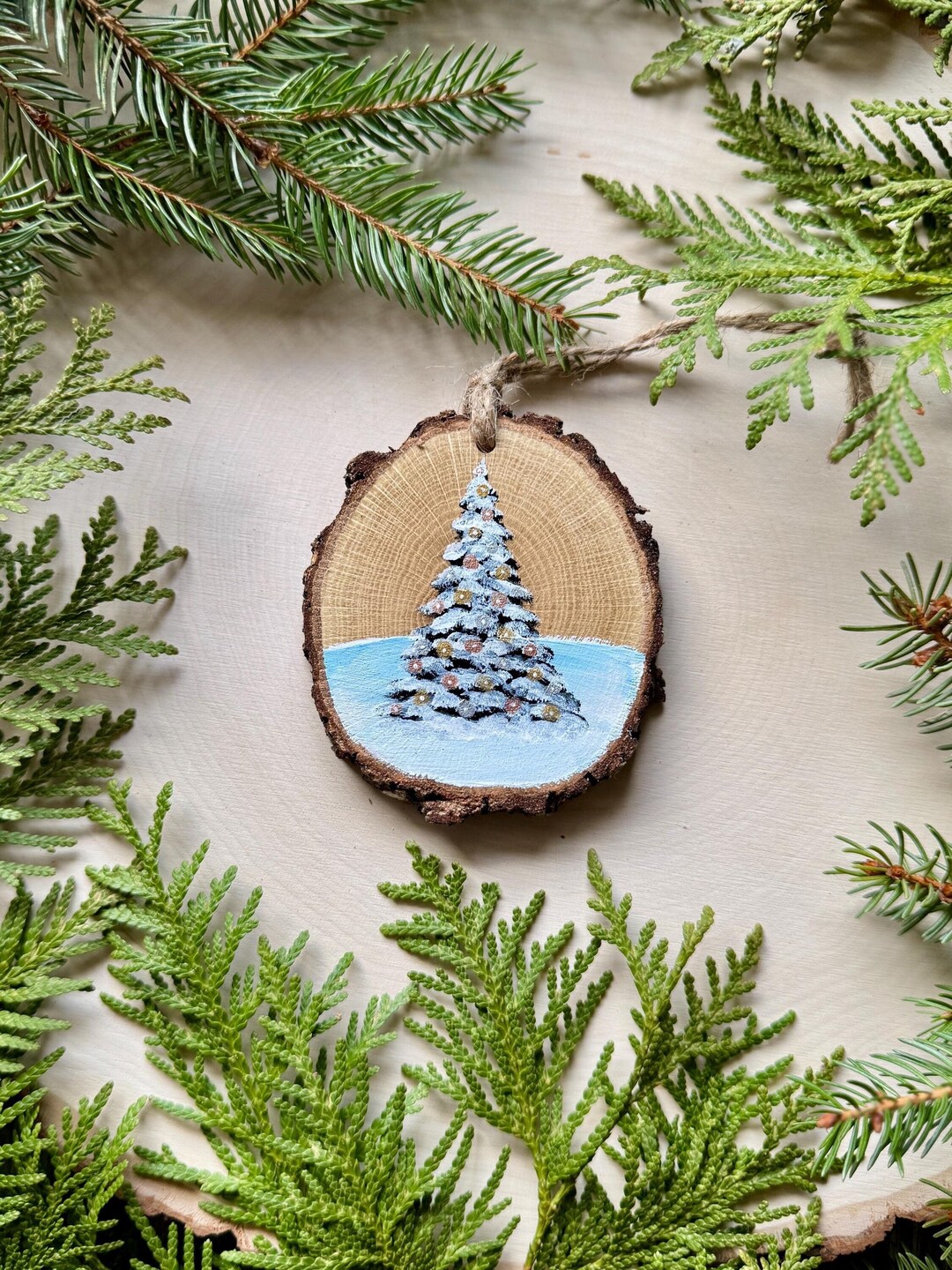 Hand Painted Snow Covered Single Pine Tree on A Hill With Metallic ...