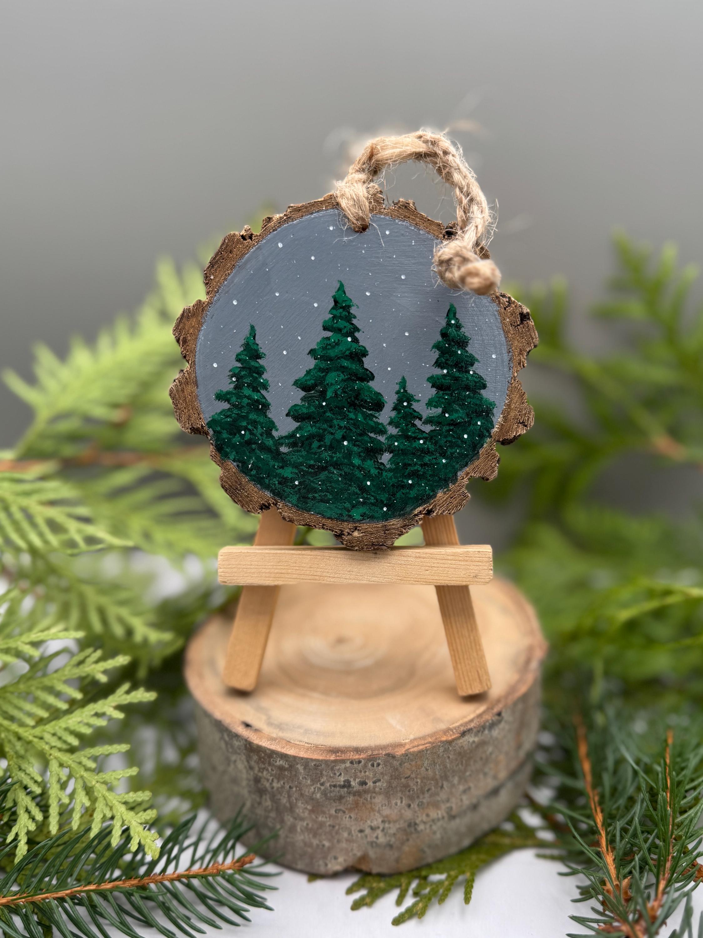 Hand Painted Snow and Green Pine Tree Treeline With Gray Snowy Sky ...