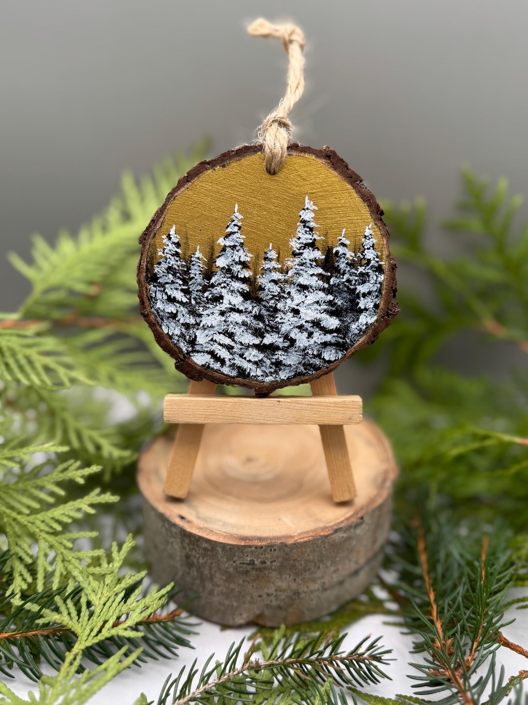 Hand Painted Snow Covered Pine Trees With Metallic Gold Background ...