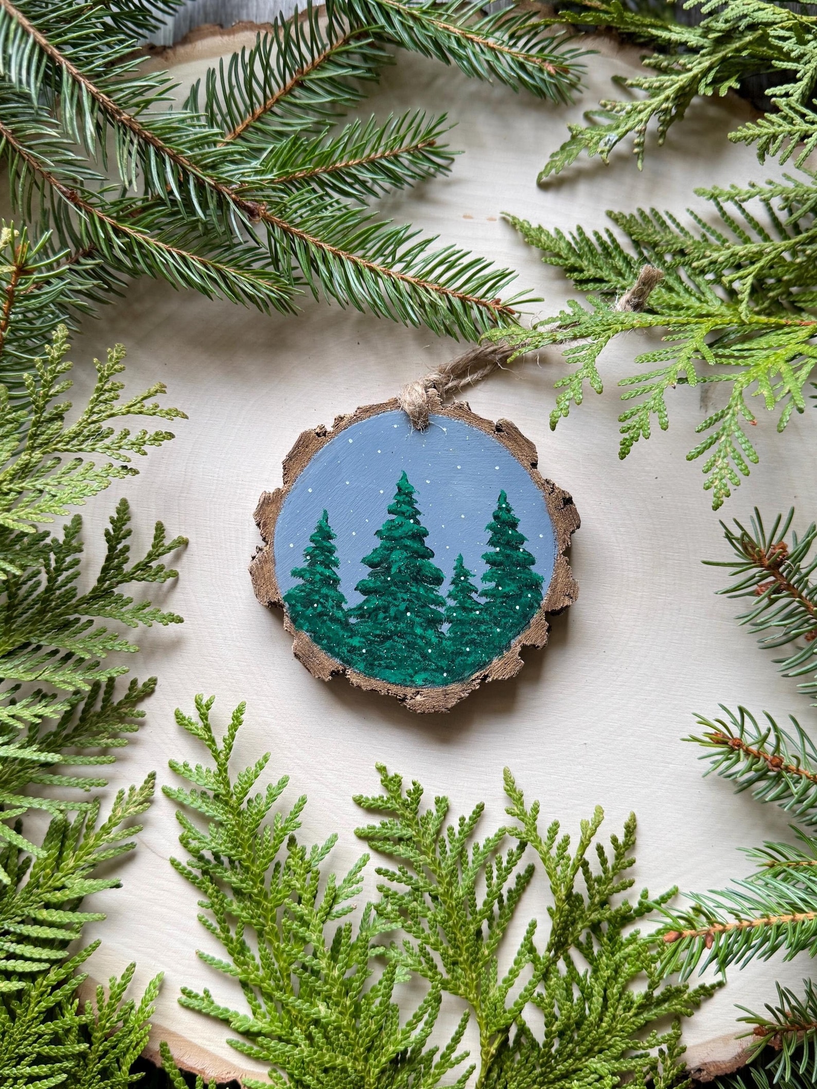 Hand Painted Snow and Green Pine Tree Treeline With Gray Snowy Sky ...