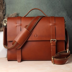 Bolso bandolera de piel de grano completo para portátil de 15"/Bolso para ordenador hecho a mano para el trabajo/Maletín bandolera personalizado/Regalo grabado para él