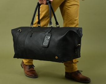 Black Leather Duffle Bag for Men: Personalised Weekend Travel Holdall | Carryon Overnight Luggage
