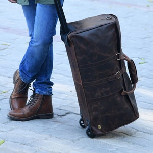 Handmade Leather Trolley Travel Duffel Bag | 24-inch Overnight Weekend Duffle Bag | Cabin Holdall With Wheels | Personalized Gifts For Him