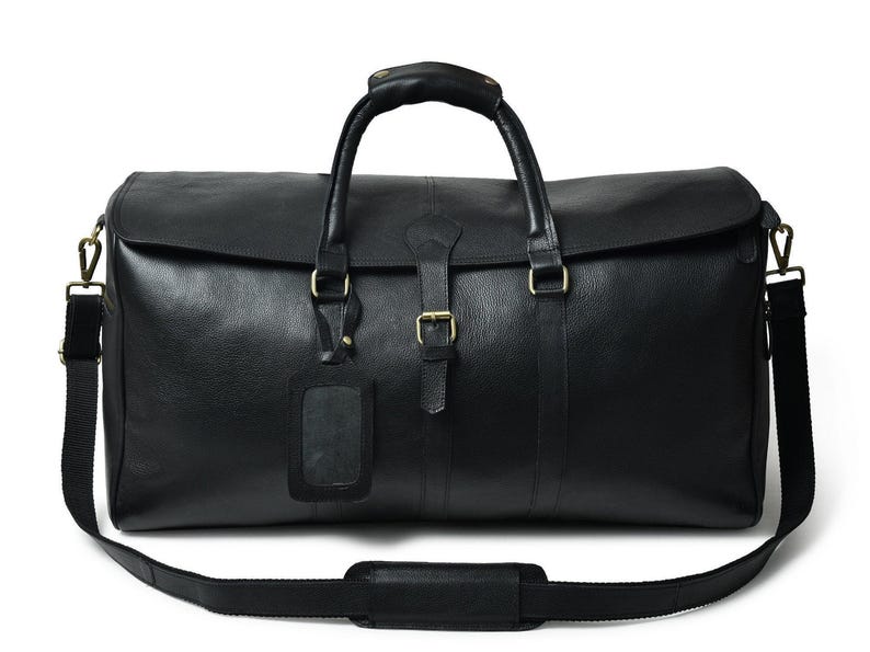 Handcrafted full-grain leather carry-on duffle with external pockets