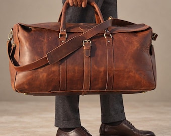 Personalised Leather Duffle Bag, Mens Full-Grain Weekender Bag, Carry-on Approved, Christmas Gifts for Men