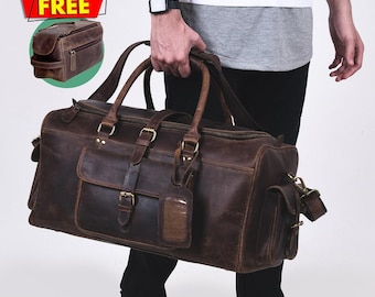 Bolsa de viaje de piel para hombre con neceser: bolsa de viaje personalizada para pasar la noche. Regalos para él.
