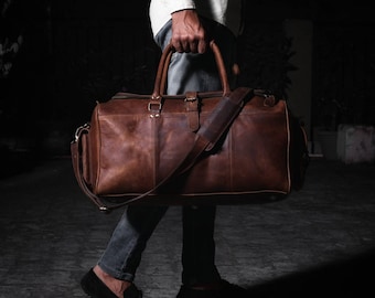Handmade Full Grain Leather Duffle Bag: Personalized Weekender Travel Bag with Initials | Gifts for Him