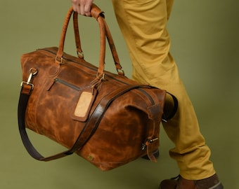 Handmade Leather Duffle Bag|Fathers Day Gift For Dad|Monogrammed Weekender Bag For Men|Stylish Leather Holdall and Travel Bags|Gifts For Men