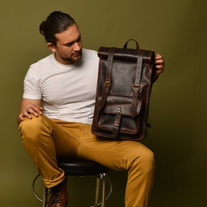 Personalized Leather Rolltop Backpack: Full Grain 15&quot; Laptop Rucksack