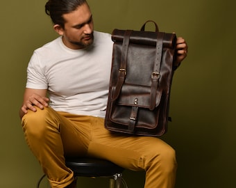 Personalized Leather Rolltop Backpack|Full Grain Leather Rolltop Rucksack Men|15&quot; Laptop Backpack Her|Leather Travel Bag|Unique Gift For Him