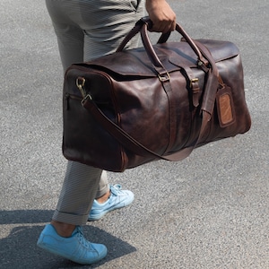 Personalized Leather Duffle Bag: Brown Full-Grain Weekender Travel Bag
