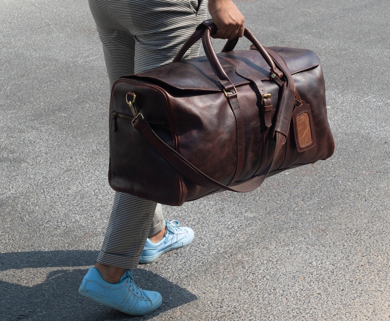 Dark Brown Personalized leather duffle bag men|Brown leather weekender travel holiday bag|Carryon overnight leather bag|Valentines Day gift for husband