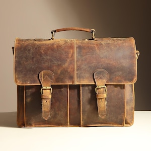 Personalised Leather Laptop Messenger Bag: 15 Inch Computer Briefcase, Monogrammed Gifts for Him