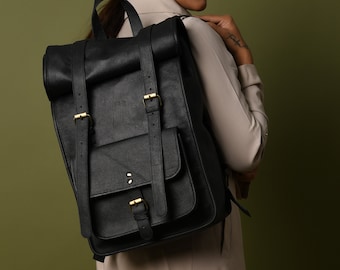 Personalized Black Leather Rolltop Backpack: Handmade Laptop Rucksack | Valentines Day Gifts for Her