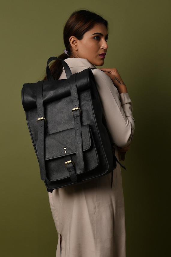 black leather roll down backpack Personalized Black Leather Rolltop Backpack: Handmade Laptop Rucksack |  Valentines Day Gifts for Her