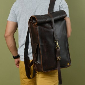 Full Grain Leather Men Rolltop Laptop Backpack Handmade Travel Rucksack Her Everyday Use Vintage Workbag Personalized Leather Gift For Him
