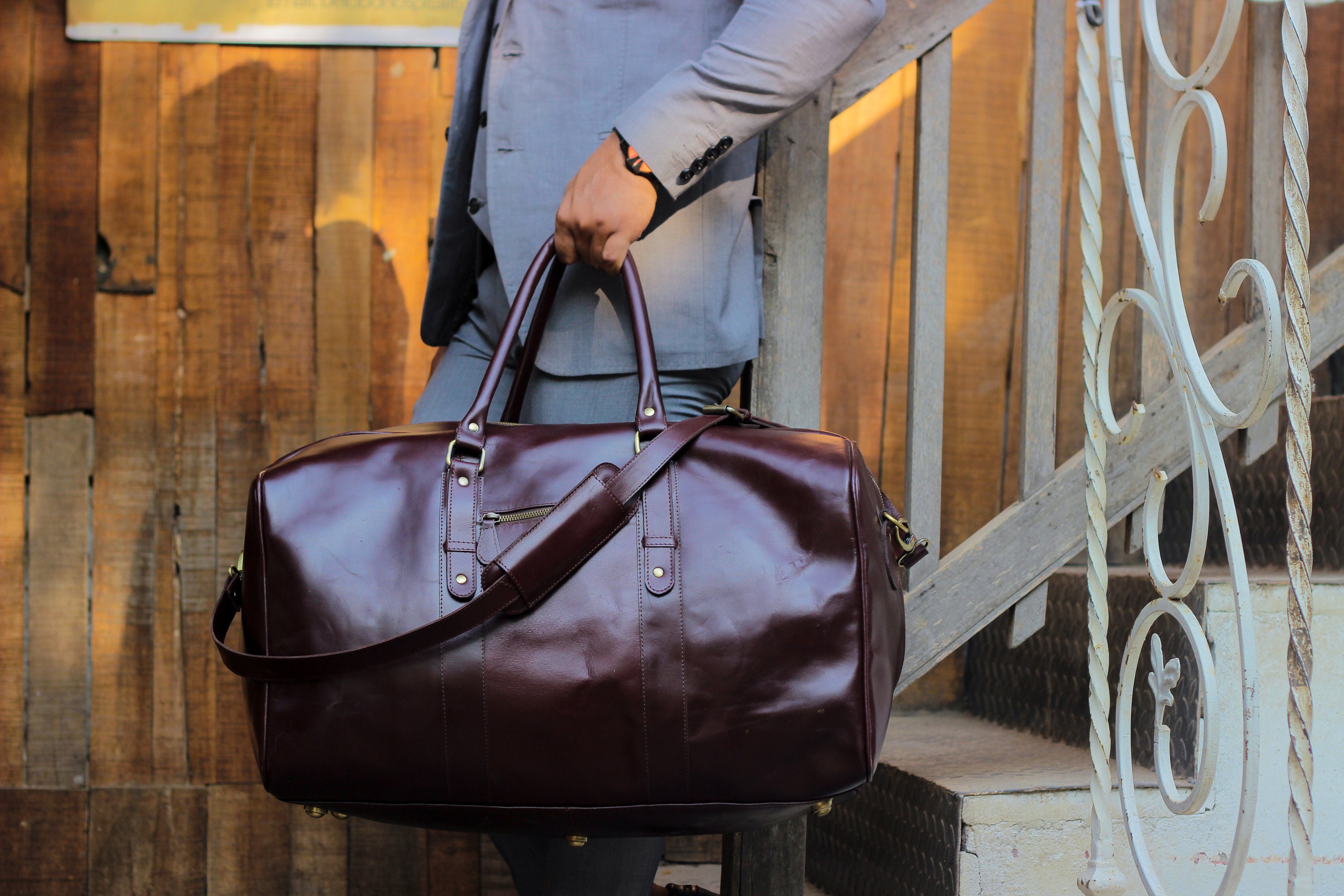 monogrammed leather duffle bag