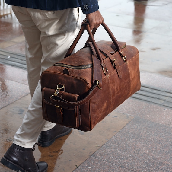 Leather Duffel Bag With Pocketsmonogram Weekend Carryon Bag Menhunter Brown Leather Travel Bagpersonalised Christmas Present for Men Etsy