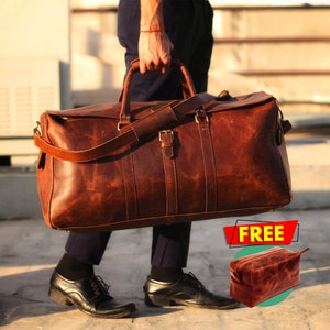 Handmade Leather Weekender Bag Men|Brown Buffalo Leather Duffle Bag|Classic Holdall Large Overnight Bag|Personalised Travel Gift Set For Him