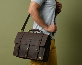 Personalized Brown Leather Messenger Bag| Men's Briefcase Laptop Bag|Handmade Laptop Bag Shoulder Bag|Gifts For Him|Unique Father's day Gift